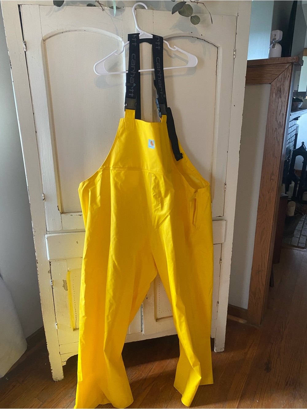 Carhartt Bright Yellow Rain Bib Overalls with Black Straps